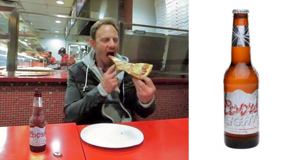 Фин Шепард есть пиццу с пивом Coors Light в последних кадрах фильма «Акулий торнадо 2»