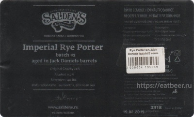 Этикетка пива Imperial Rye Porter Aged In Jack Daniels Barrels Batch #2 от пивоварни Salden’s Brewery. Изображение №1 (фото: Дима Боргир)